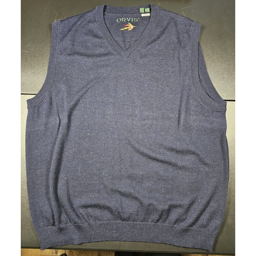 Orvis Men's Merino Wool V-Neck Knit Sweater Vest Navy XL Regular Golf